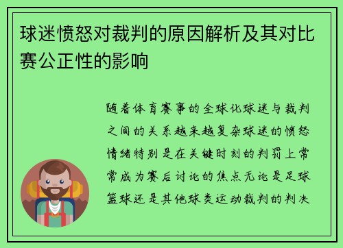 球迷愤怒对裁判的原因解析及其对比赛公正性的影响